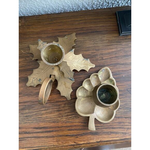 Vintage Solid Brass Candle Holder Set Fall Leaves Brass Candle Stick Holders MCM - Picture 4 of 6
